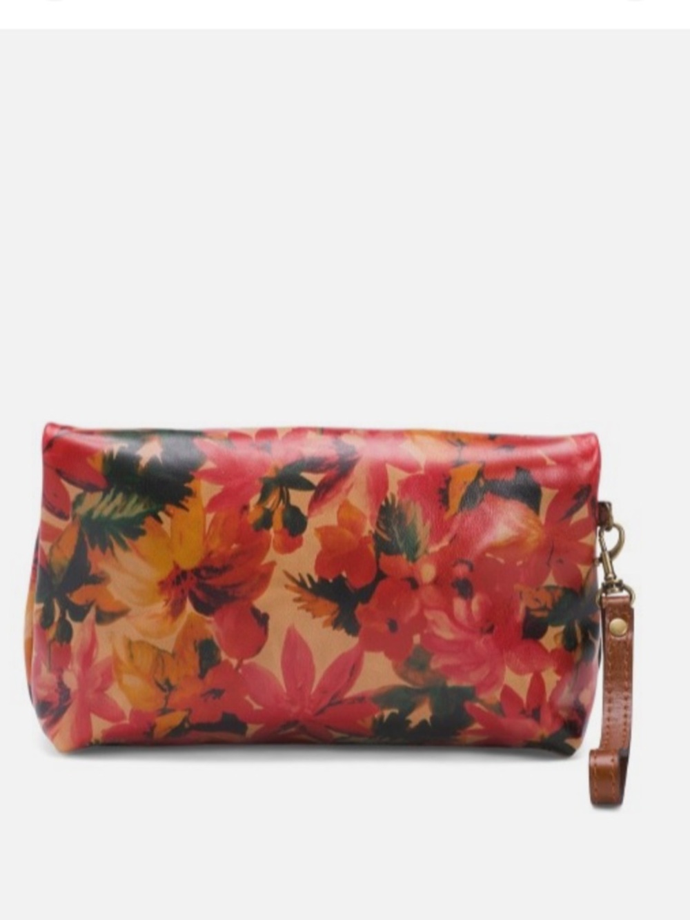 Floral Print Wristlet Pouch in Red and Peach Valerie LEATHER Fold Over Wristlet